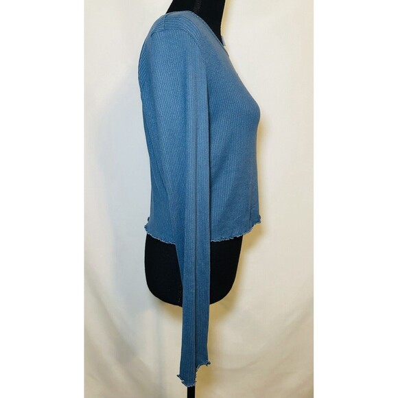 AMERICAN EAGLE Lettuce Cut Ribbed Crop Long Sleeve Blue Shirt Women's LARGE NWT - Picture 4 of 11
